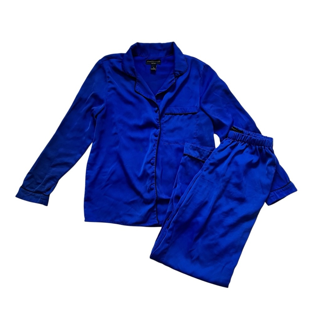 House of Harlow 1960 Blue Satin Long Sleeve Pant Pajama Set Size S